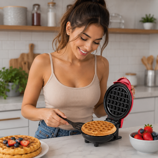 MiniWaflera: Waflera Eléctrica Compacta de Calentamiento Rápido, ideal para preparar waffles, pancakes y snacks crujientes en minutos.