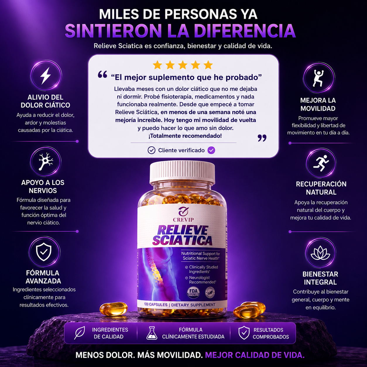 Relieve Sciatica 120 Caps Nerve Health: Cápsulas de apoyo para la salud nerviosa y el alivio de molestias en espalda, piernas y músculos tensionados.