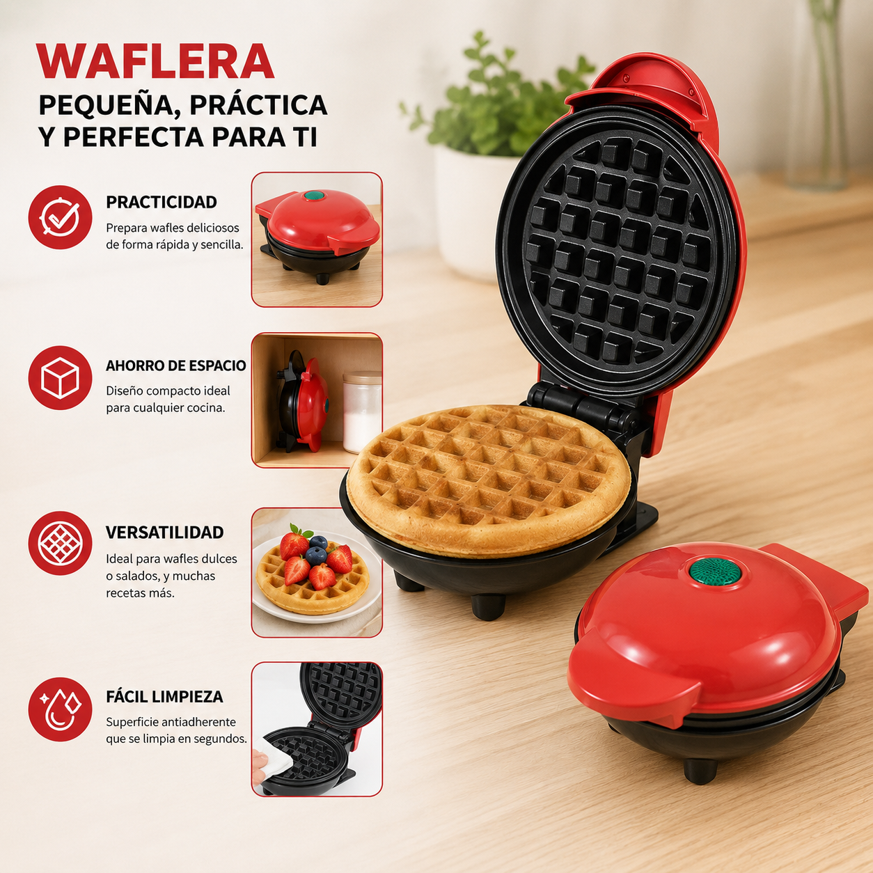 MiniWaflera: Waflera Eléctrica Compacta de Calentamiento Rápido, ideal para preparar waffles, pancakes y snacks crujientes en minutos.