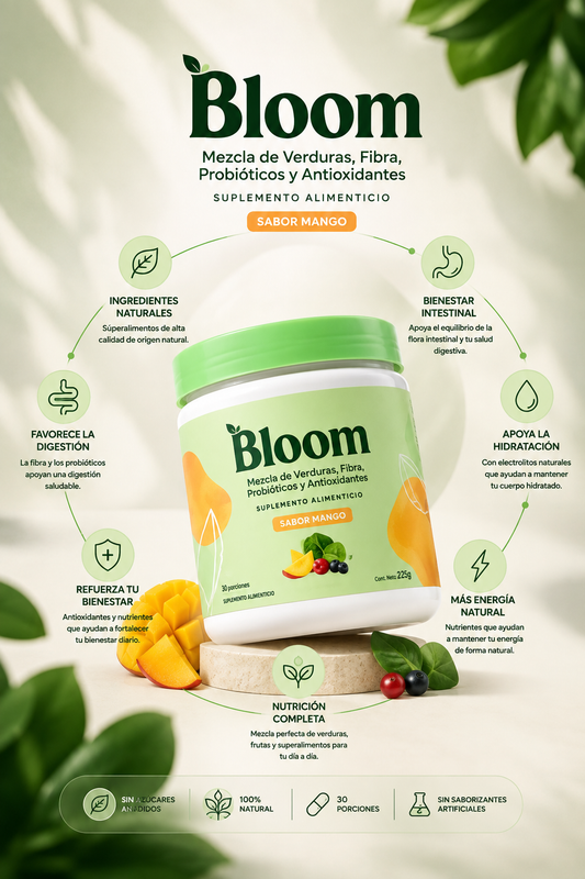 Bloom Greens: Suplemento en polvo con superalimentos, fibra y probióticos que favorece la digestión y el bienestar diario.